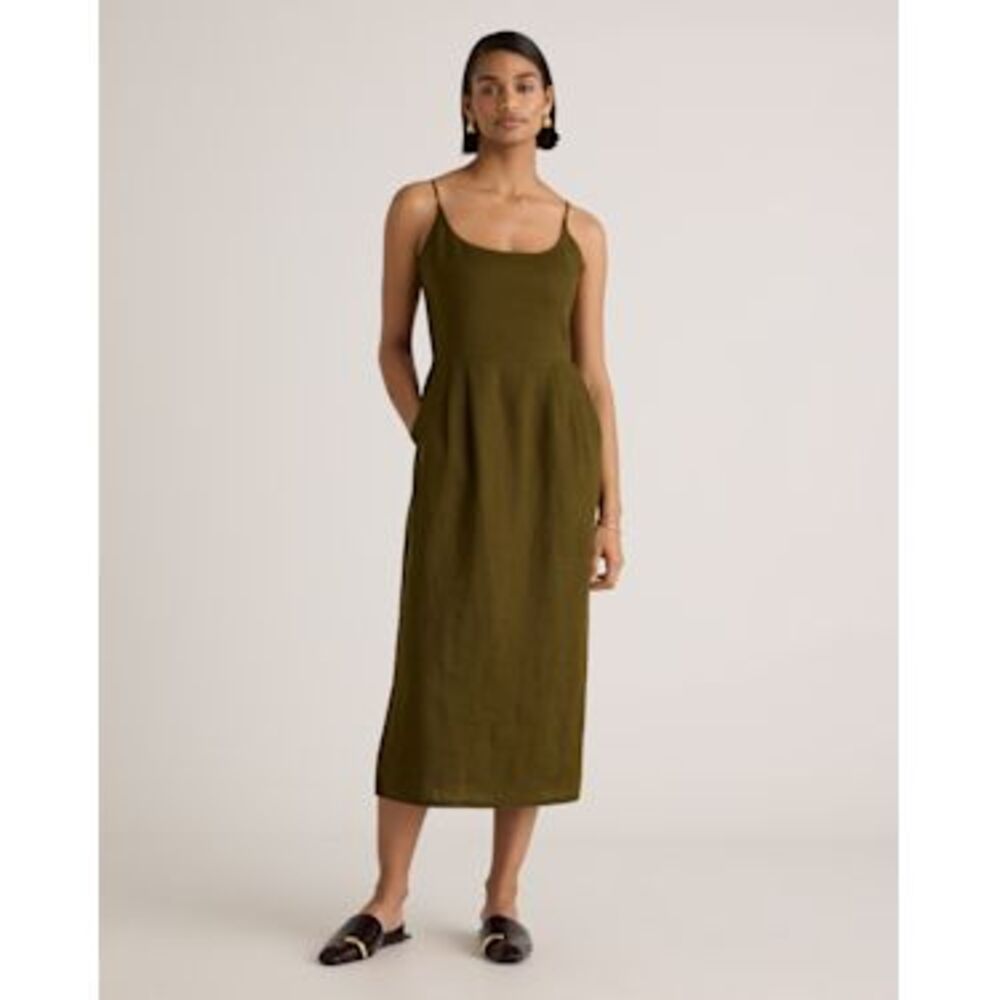 Quince 100% European Linen Scoop Neck Midi Dress in Martini Olive